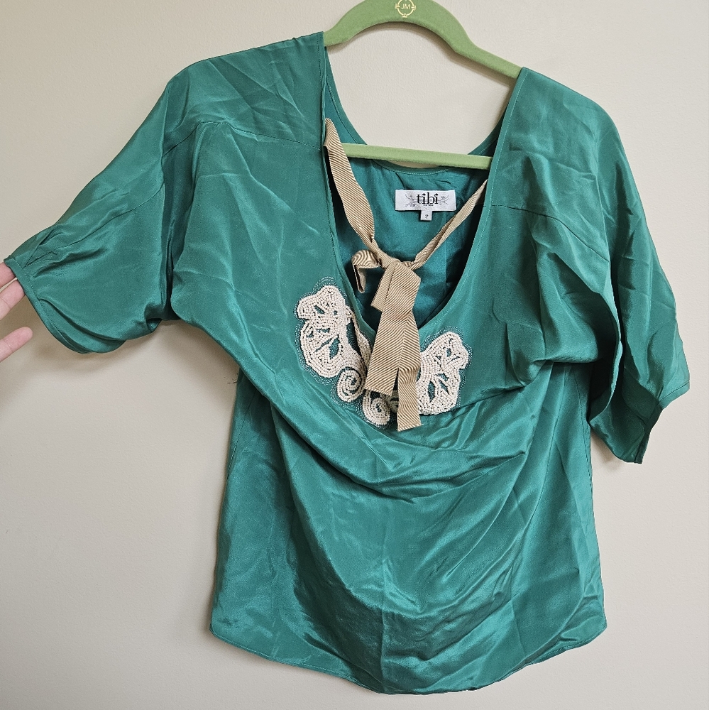 Tibi New York 2 Silk Beaded Turqouise Blouse Top Front Bow Tie